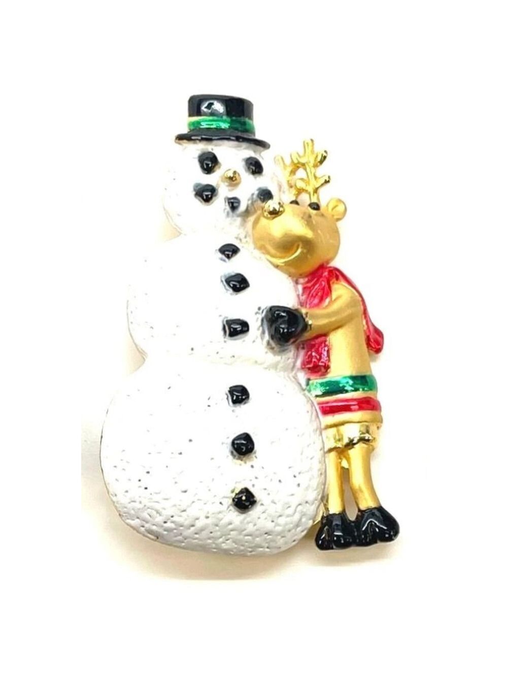 AJC Reindeer Hugging Snowman Christmas Brooch Pin Gold Tone Holiday Jewelry 2190
